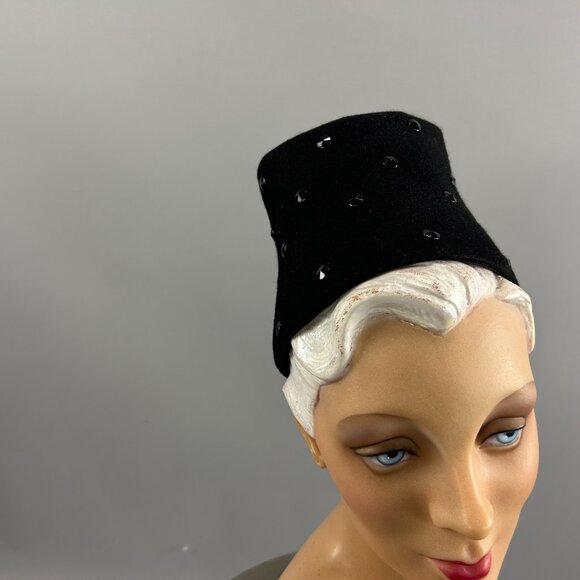 1940s Black Felt Military Hat w/ Jet Beads | Tall Vintage New York Creation Hat main image 7